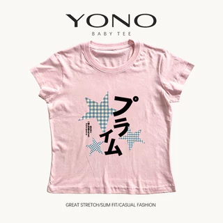 (พร้อมส่ง24ชม.) YONO baby tee สีขาว ลายดาวลายตารางและตัวอักษรญี่ปุ่น ทรงเข้ารูป ลุคเกาหลี y2k