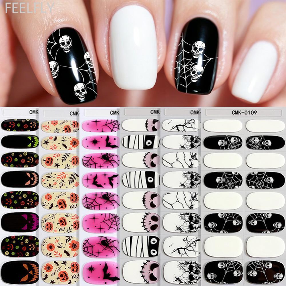 FEELFLY ฮาโลวีน Spider Web Ghost Glow ใน Dark เล็บแถบเล็บ Wraps สติกเกอร์ Self-Adhesive เล็บ Decals 