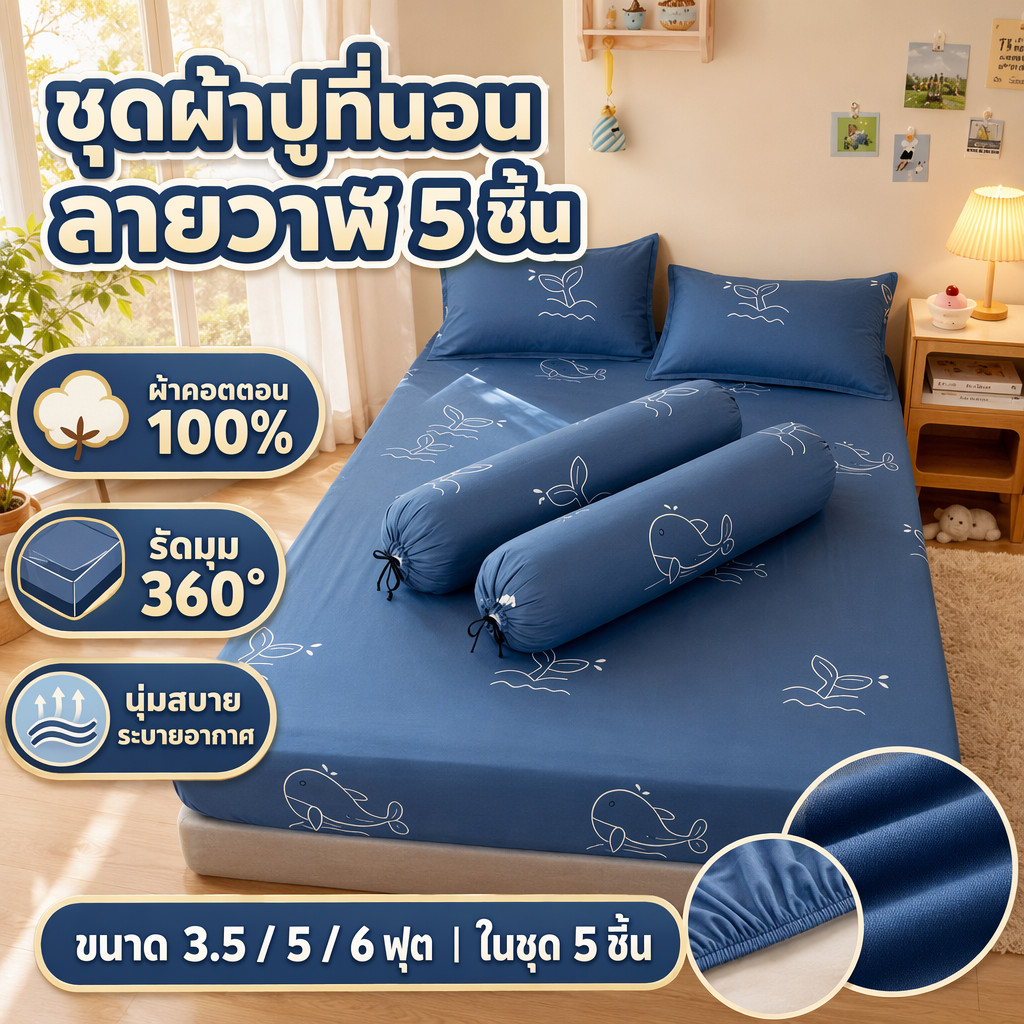 ชุดผ้าปูที่นอน 5 ชิ้น ขนาด 3.5/5/6  รัดมุม360° ลายการ์ตูน กันไรฝุ่น นุ่มสบาย ใช้ได้ทุกฤดู ผ้านุ่มระบายอากาศ