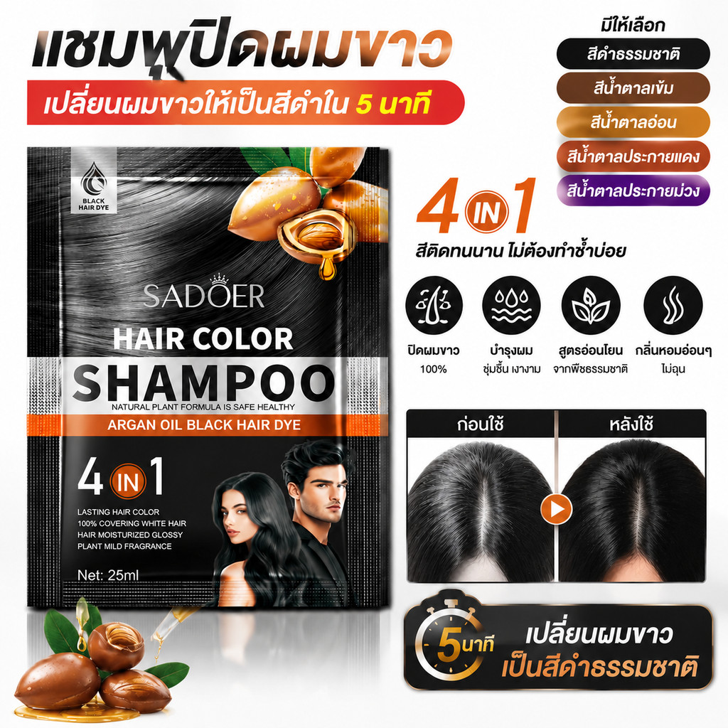 สีย้อมผม สีดำ SADOER ย้อมผมฟอง ไม่เป็นอันตรายต่อเส้นผม แบบพกพา ครีมย้อมผม ย้อมผมเพื่อสุขภาพที่บ้านและปกปิดผมหงอกได้ง่ายๆ