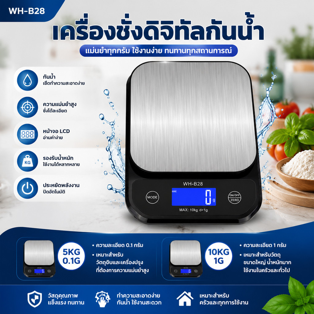 เครื่องชั่งดิจิตอล WH-B28 กันน้ำ เครื่องชั่งอาหาร ความแม่นยำสูง 0.1g/1g เบเกอรี่ ทำอาหาร LCD ใช้งานง่าย รองรับ 5KG/10KG
