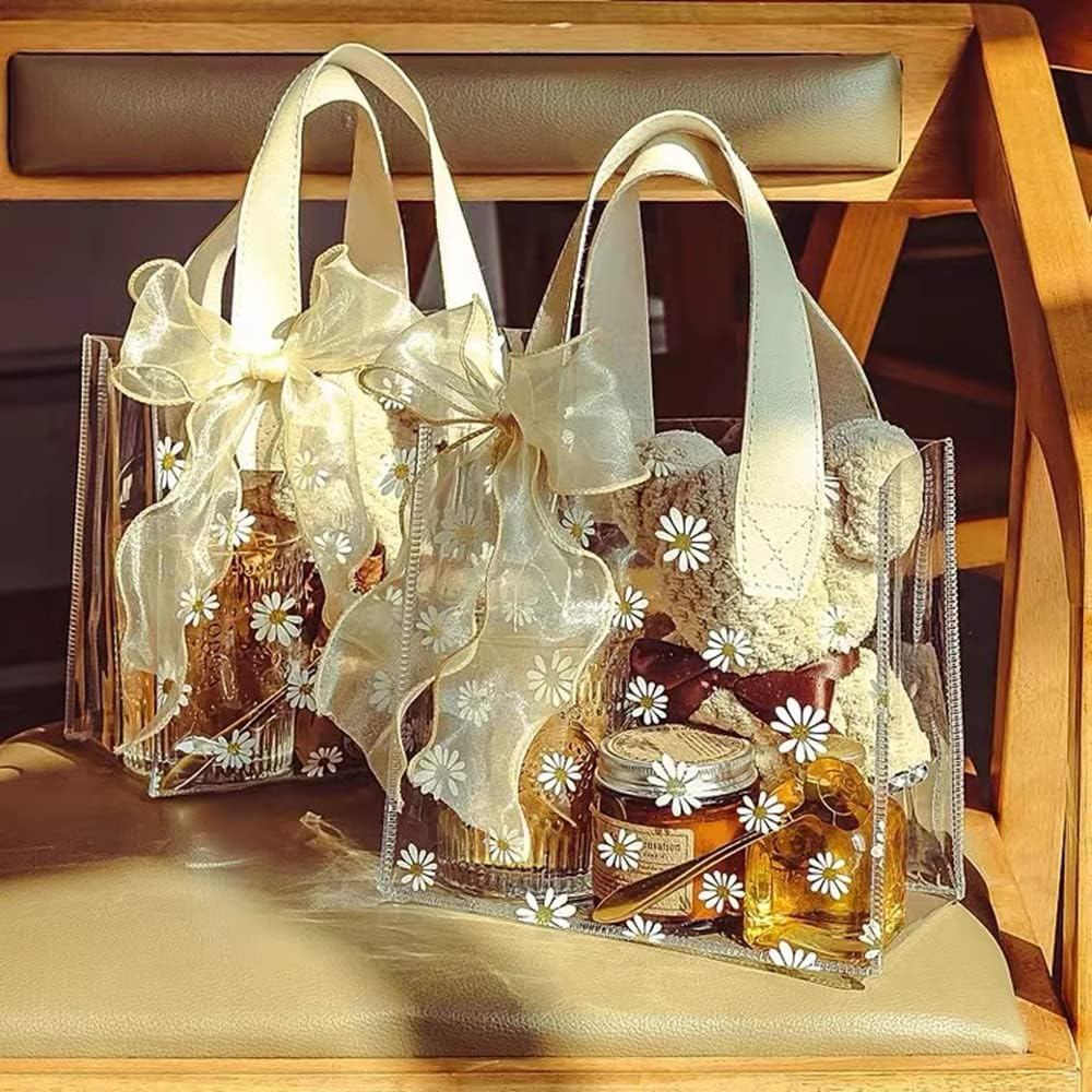 Clear Gift Wrap Bag with Handles (2pcs,9.1 X 9.8X 5.5) Heavy Duty Plastic Waterproof Gift Packing Ba
