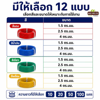 สายไฟอ่อนแกนเดี่ยว สีแดง น้ำเงิน เขียว เหลือง ตัวนำ CCA ขนาด 1.5 2.5 4 ตร มม ยาว 10 20 50 100 เมตร