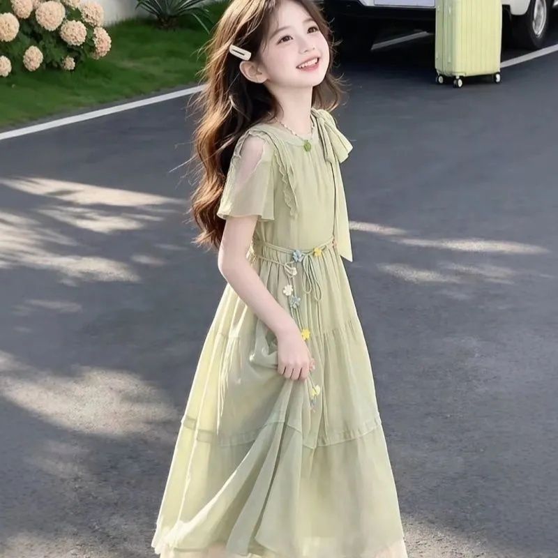 [RJ] สาวสไตล์ใหม่กลางเด็กใหญ่ชุดฤดูร้อนเด็กโบว์ชุดเจ้าหญิงสาวน้อย โมริ ชุดหวาน
