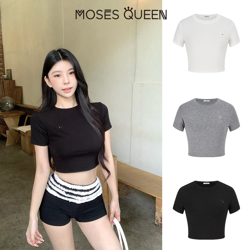 MOSESQUEEN เสื้อยืดแขนสั้นคอกลมแขนสั้นสาวฮอตสําหรับผู้หญิงเสื้อครอปเข้ารูปสําหรับฤดูร้อนพร้อมคอสัมผัส #63733