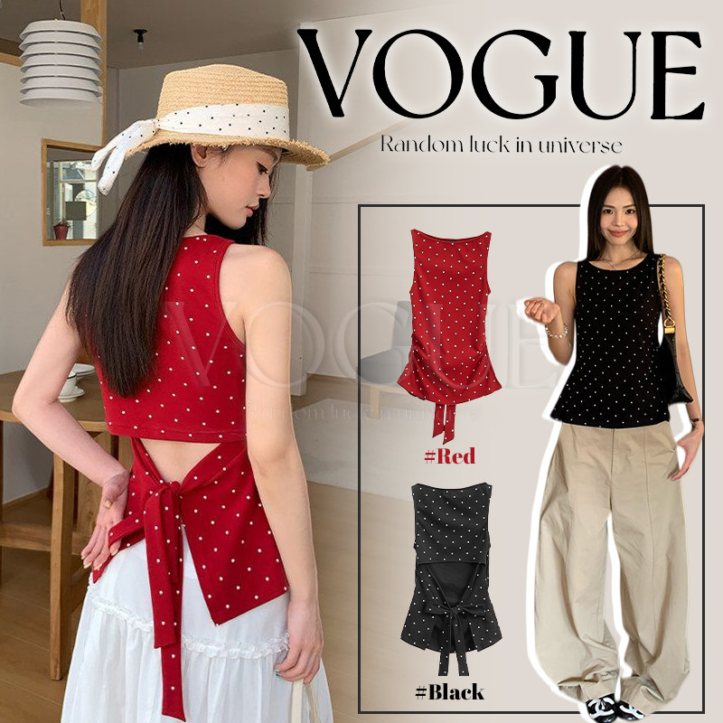 Vogue🌟พร้อมส่ง🌟 เสื้อกล้ามลายจุดสไตล์หวานลูกคุณ สำหรับผู้หญิงดีไซน์เว้าหลังสายผูกกระชับเอว (2478)