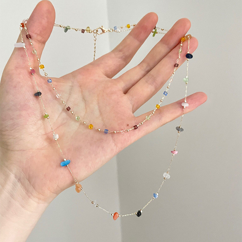 ขายร้อน/Dopamine Double-Layerลูกปัดรอบสร้อยคอNiche High-Endแฟชั่นSimple Clavicle Chain All-Matchประณ