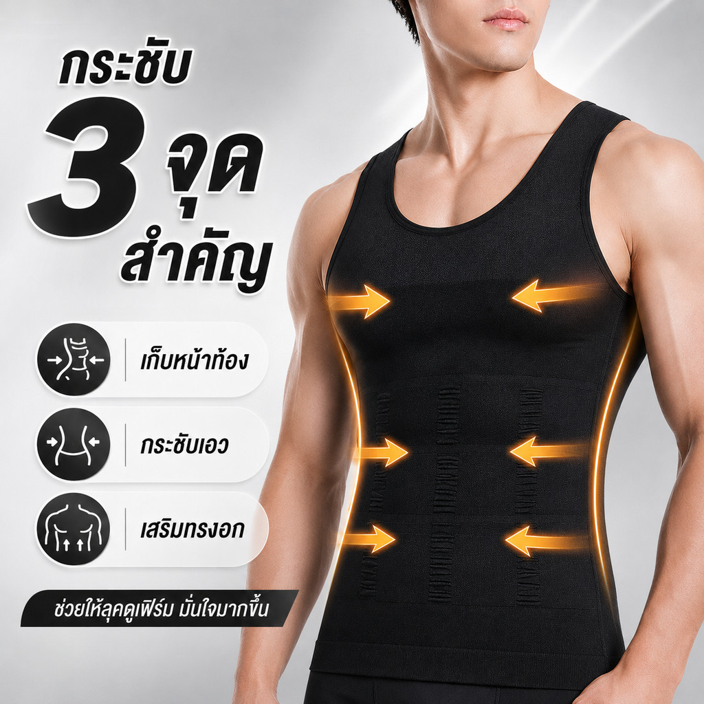 MAXIRO เสื้อกระชับสัดส่วนผู้ชาย เก็บหน้าท้อง กระชับเอว ผ้าบางเบาระบายอากาศ สีดำ/ขาว M-XXL