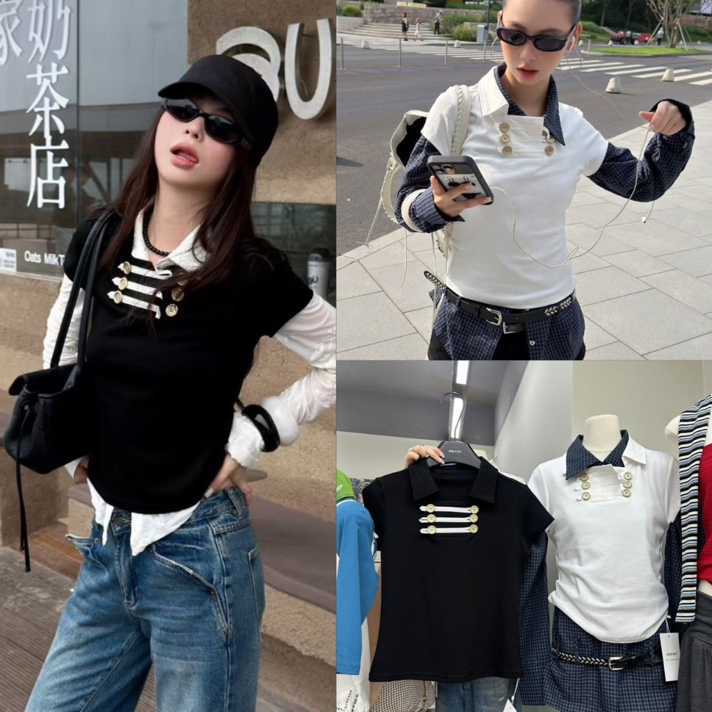 SU530 เสื้อยืดคอปกทรงสวยสไตล์เกาหลี โดดเด่นด้วยดีเทลช่วงอกแต่งแถบคาดแฟชั่นเกาหลี TAG MM Fish