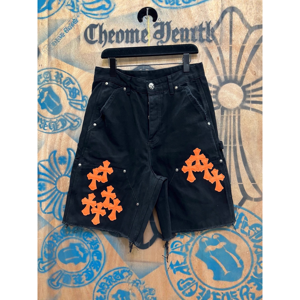 F8SJ Chrome Hearts Couple Cross Leather Silver-Plated Buckle Straight Overalls Denim Shorts Men Wome