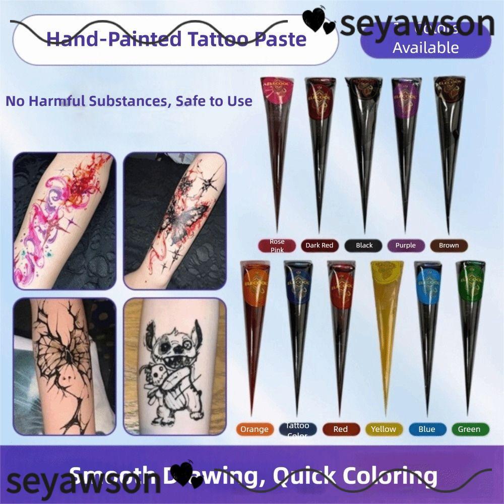 SEYAWSON Henna Paste Cone, ชั่วคราวสีดําสีน้ําตาล Henna Tattoo Cream, Mehndi Easy-To-Use กึ่งถาวร Br