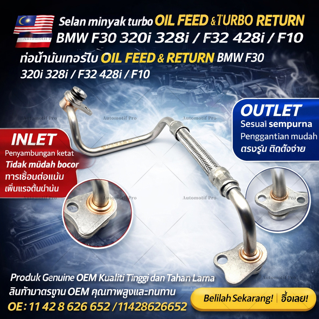 BMW F30 320i 328i F32 428i F10 INLET ¥ OUTLET TURBO การใช้ฟีดและคืนสาย OE:11 42 8 626 652 1142862665