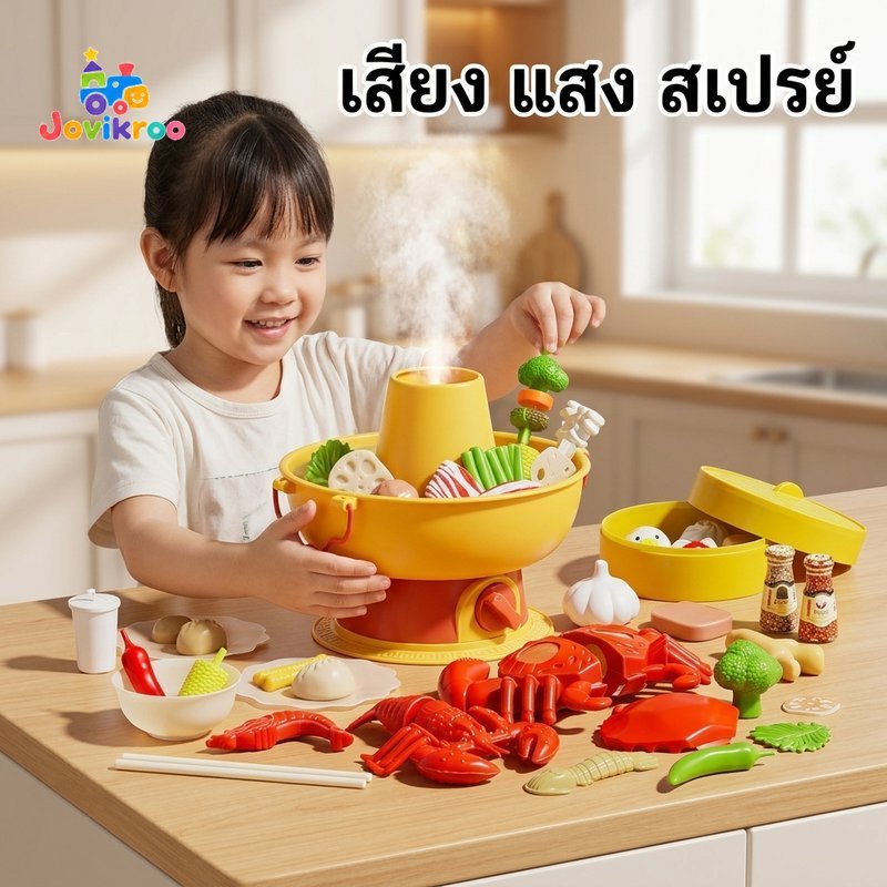ชุดของเล่นหม้อไฟ Pretend Cooking Kitchen Playset Steam Spray Light Sound Food Grade ABS