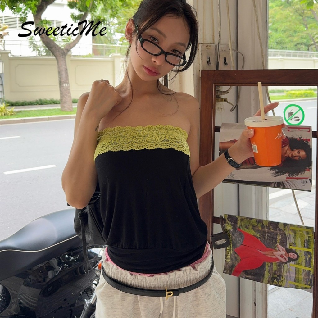 SweeticMe ผู้หญิง 2026 ใหม่แฟชั่นลูกไม้ Splicing Contrast สี Tube Tops — صورة 2