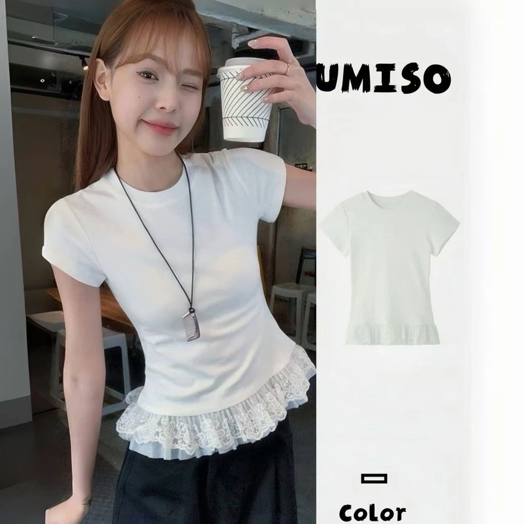 UMISO 100%cotton เสื้อยืดแขนสั้น เสื้อลูกไม้ คอกลมลายลูกไม้สีขาวสำหรับผู้หญิง
