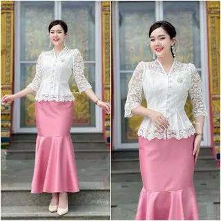 เสื้อรุ่น-Tulip ลูกไม้ดีไซน์ แขนสามส่วนจีบ กระดุมหน้าแกะได้ อัดกาว เสื้อใส่ทำบุญ เสื้อออกงาน OngTong