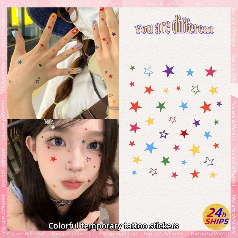 รอยสักลายดาวสีแดงสาวเซ็กซี่นิ้วสักสติกเกอร์รอยสักกันน้ําติดทนนาน7วันสติกเกอร์ผิวรอยสักปลอมชั่วคราว