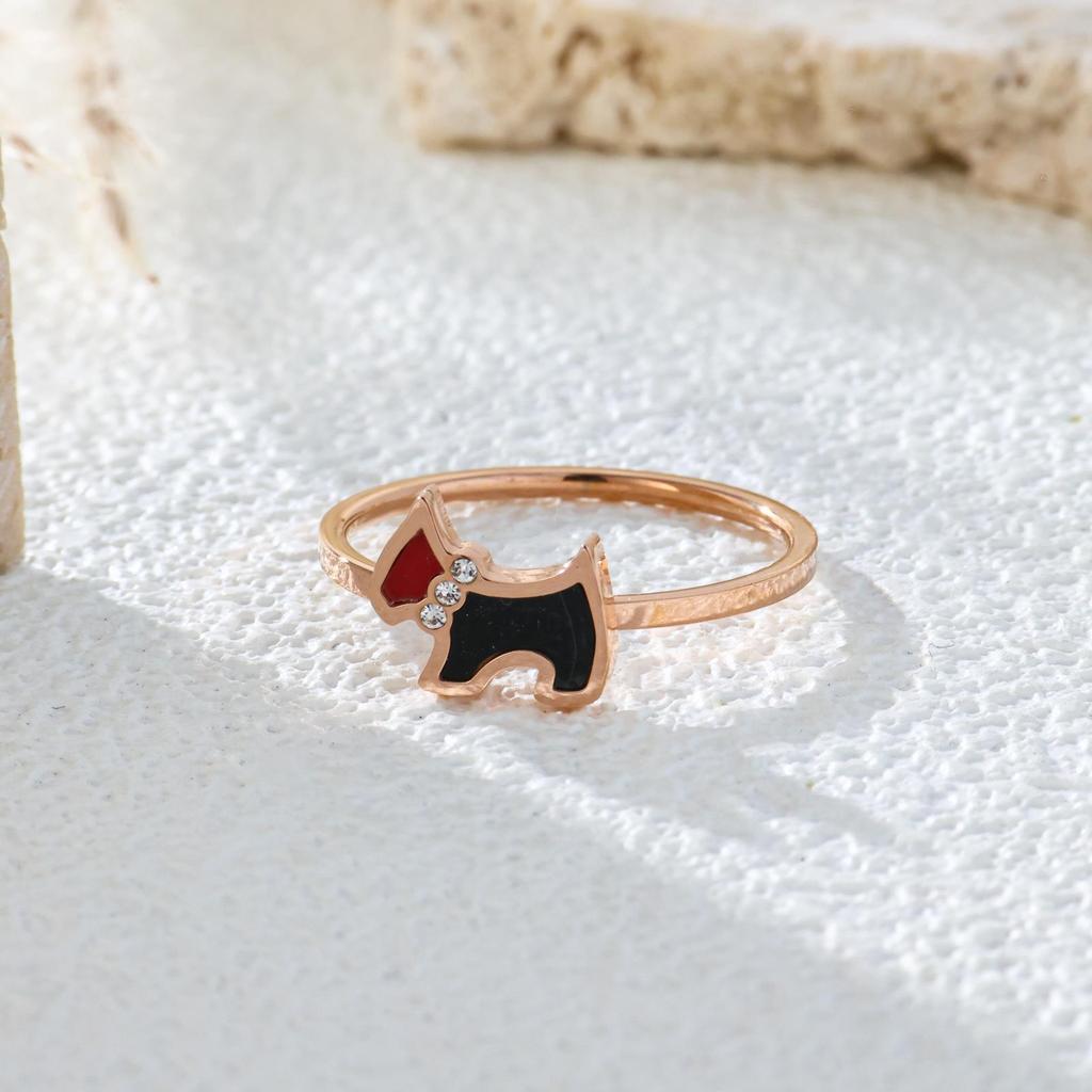 ใหม่น่ารัก Zodiac Puppy Ring All-Match Simple Diamond-Studded แหวนเหล็กไทเทเนียมไม่จางหาย