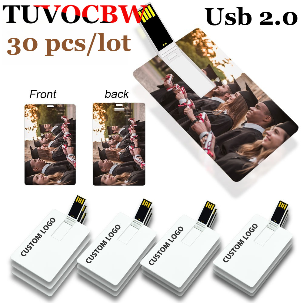 TUVOCBW 30 ชิ้น/ล็อตบัตรเครดิต USB 2.0 แฟลชไดรฟ์ Pendrive 4GB 8GB หน่วยความจํา Sticks U Disk โลโก้ที่กําหนดเองของขวัญธุรกิจ 16GB 32GB 1GB 2GB