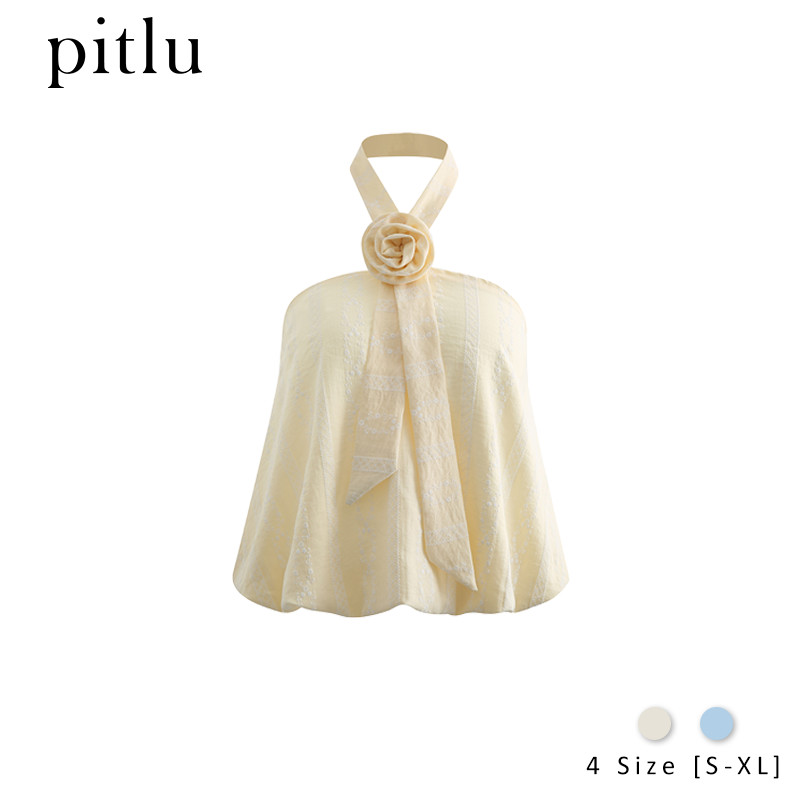 Pitlu เสื้อคล้องคอผู้หญิง ตกแต่งดอกกุหลาบผ้า ผ้าลายปักลูกไม้ ทรงหลวมสบาย สไตล์หวานโรแมนติก แฟชั่นเกาหลี เสื้อกล้ามไร้แขน สีครีม สีฟ้าอ่อน ใส่ไปเที่ยว ถ่ายรูป ใส่เดท ส่งจากไทย 中文翻译：