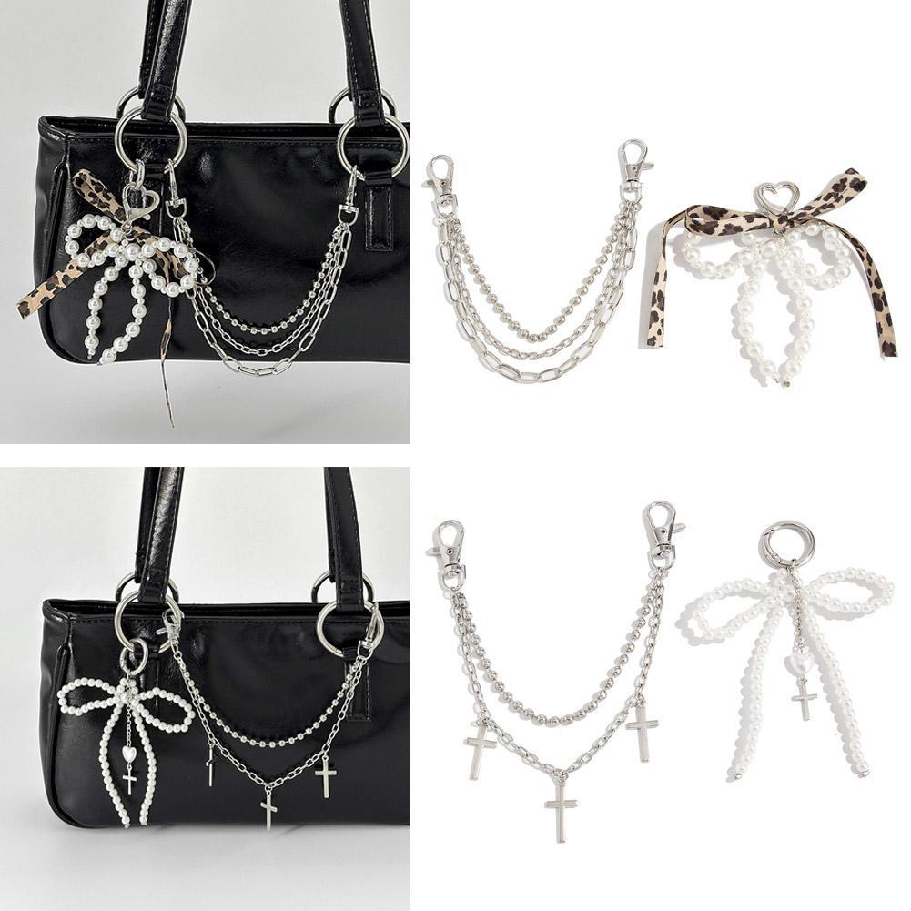 Sweet & Cool Y2k Cross Bowknot Pants Chain Bag Charm – Beaded พู่พวงกุญแจกระเป๋าอุปกรณ์เสริม, E2o0