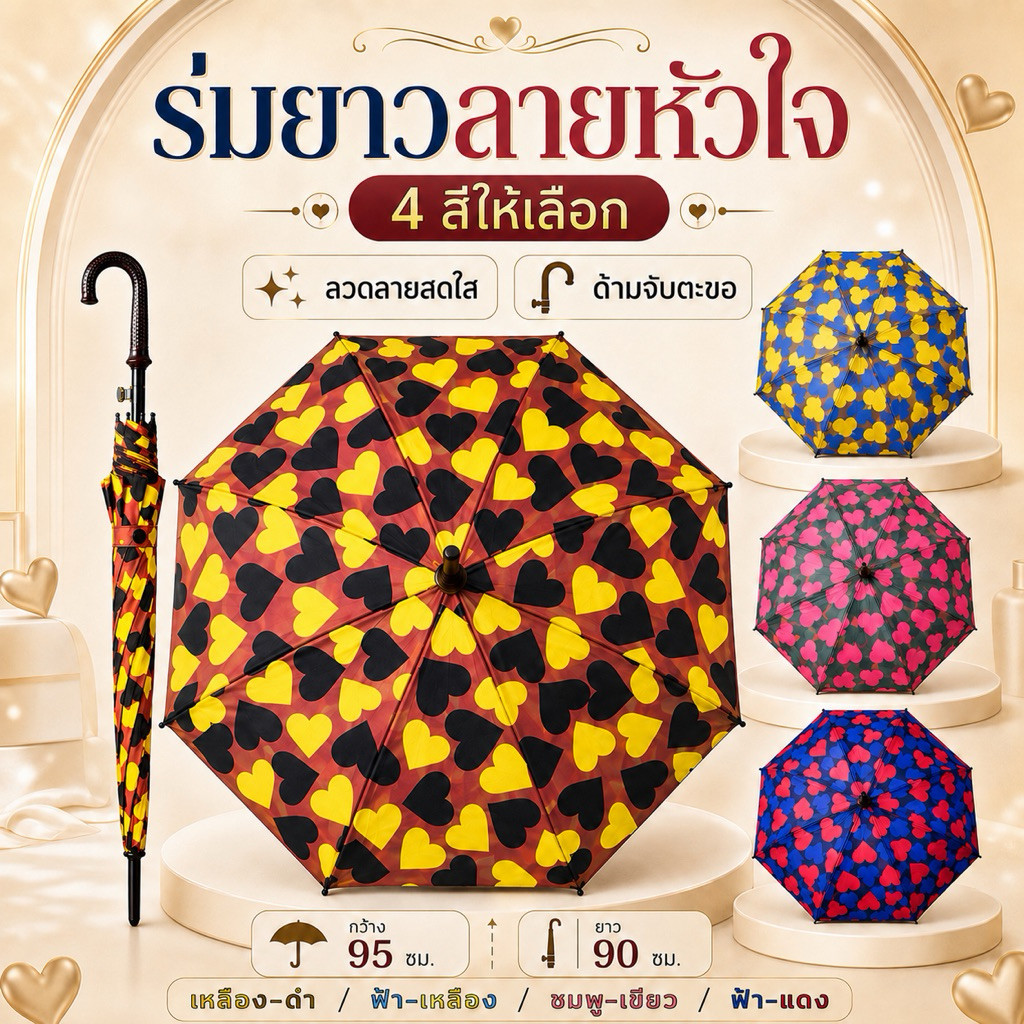 ร่มยาวลายหัวใจ ร่มกันฝนแฟชั่น ด้ามตะขอ กว้าง 95 ซม. ยาว 90 ซม. ลายสดใส มี 4 สีให้เลือก