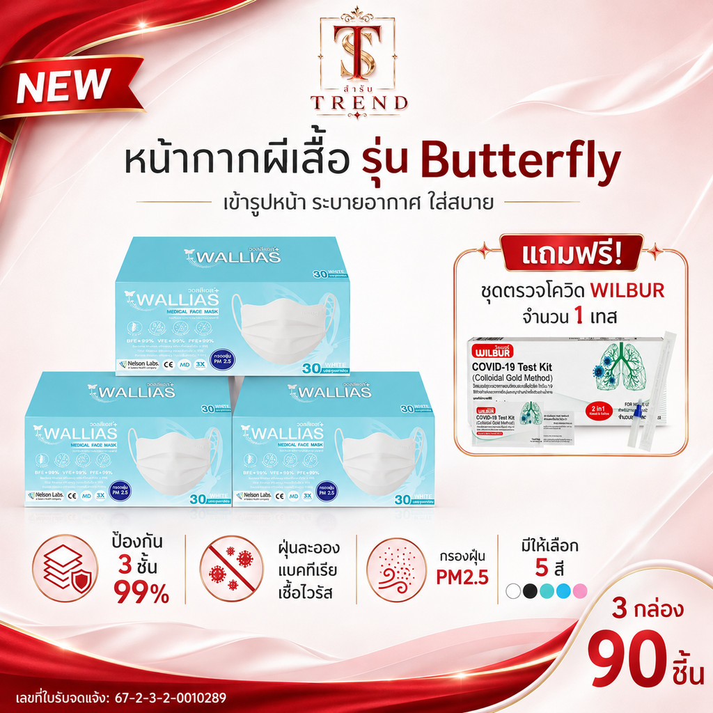 (เซ็ท 3 กล่อง) หน้ากากอนามัย Butterfly Medical Face Mask หน้ากากอนามัยทางการเเพทย์ | ฟรี ชุดตรวจโควิด WILBUR 1 เทส