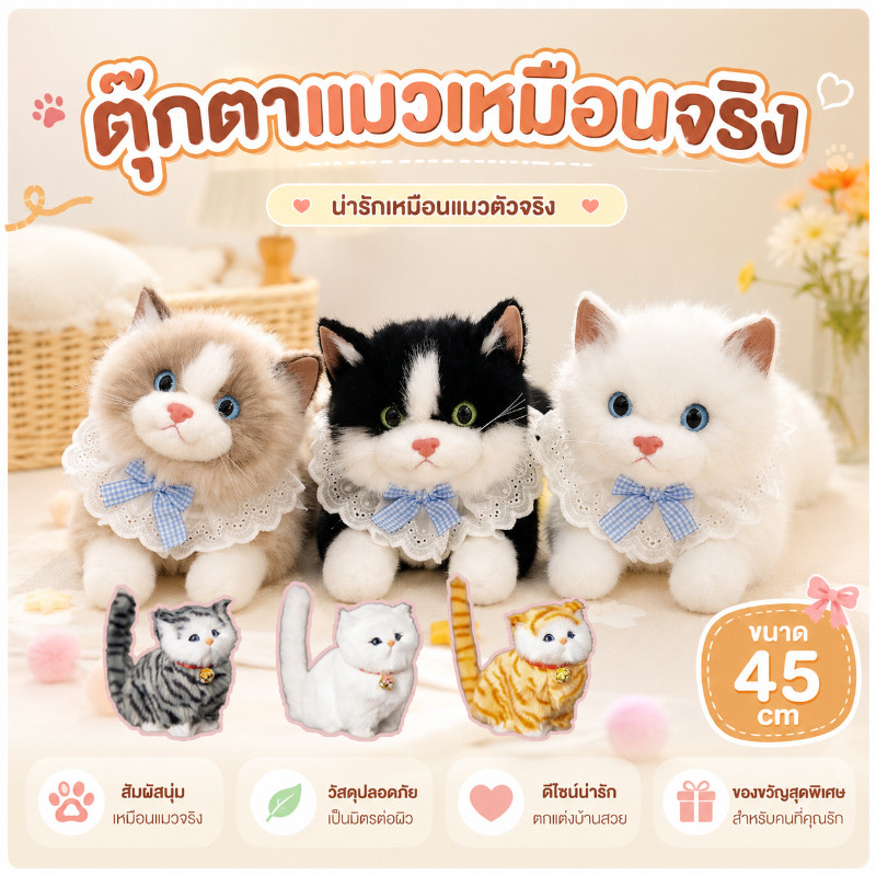 COD ตุ๊กตาแมวโบว์นุ่มฟู 45ซม. ดีไซน์เหมือนจริง ขนนุ่ม น่ารัก ใช้เป็นของเล่นเด็กหรือตกแต่งห้องนอนก็ได้