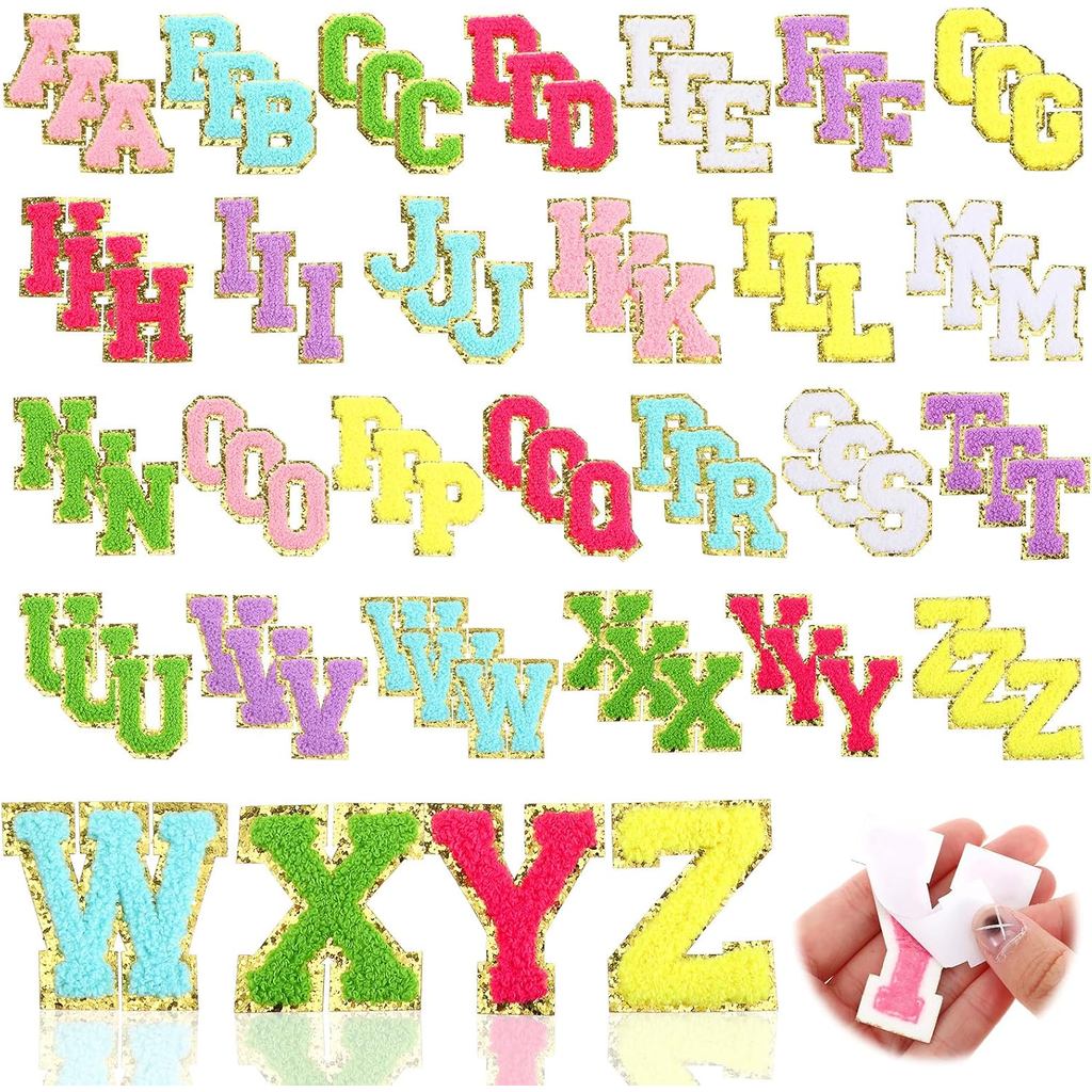 104 ชิ้น Self-Adhesive Chenille ตัวอักษรแพทช์, Multi-Color AZ ตัวอักษร Applique ทอง Trim, ปักเหล็กบน