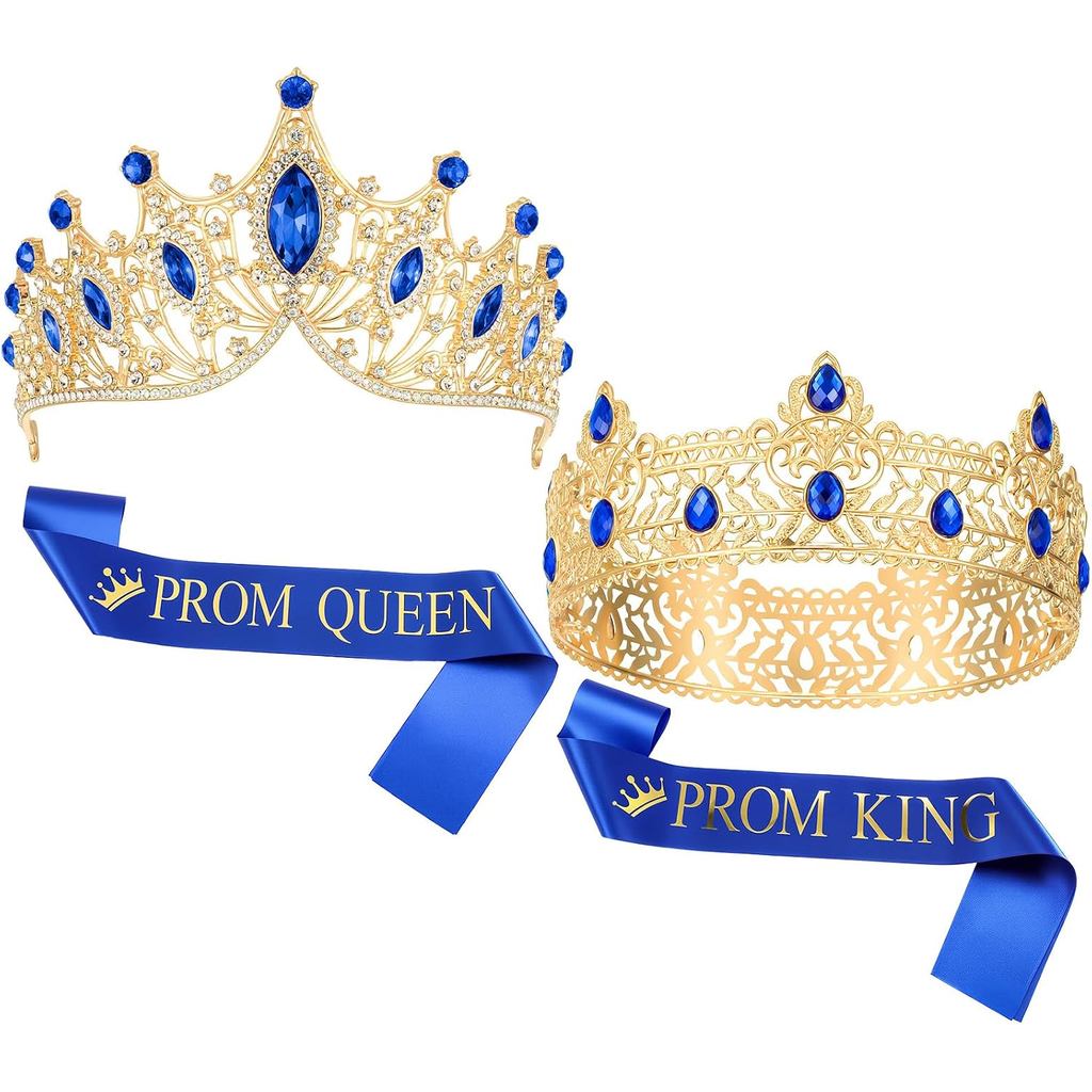 Ferreve 4 ชิ้น Prom King และ Queen Crowns และ Sashes ชุดสําเร็จการศึกษา Prom King และ Queen Tiara Sa