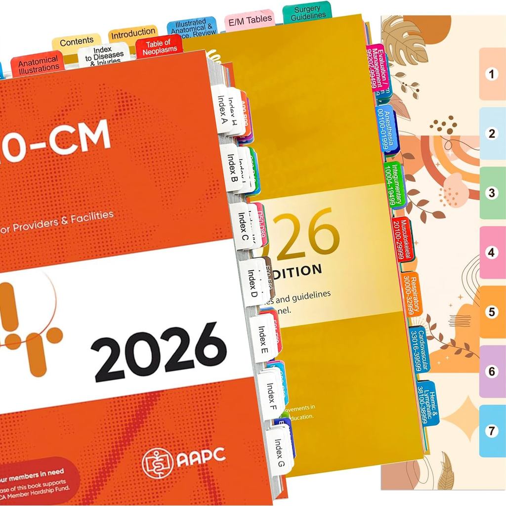 แท็บดัชนีสําหรับ CPT 2026 & ICD-10-CM 2026 รุ่น AAPC, 2 ชุด Bundle, แท็บหนังสือที่สมบูรณ์, สี-รหัสแล