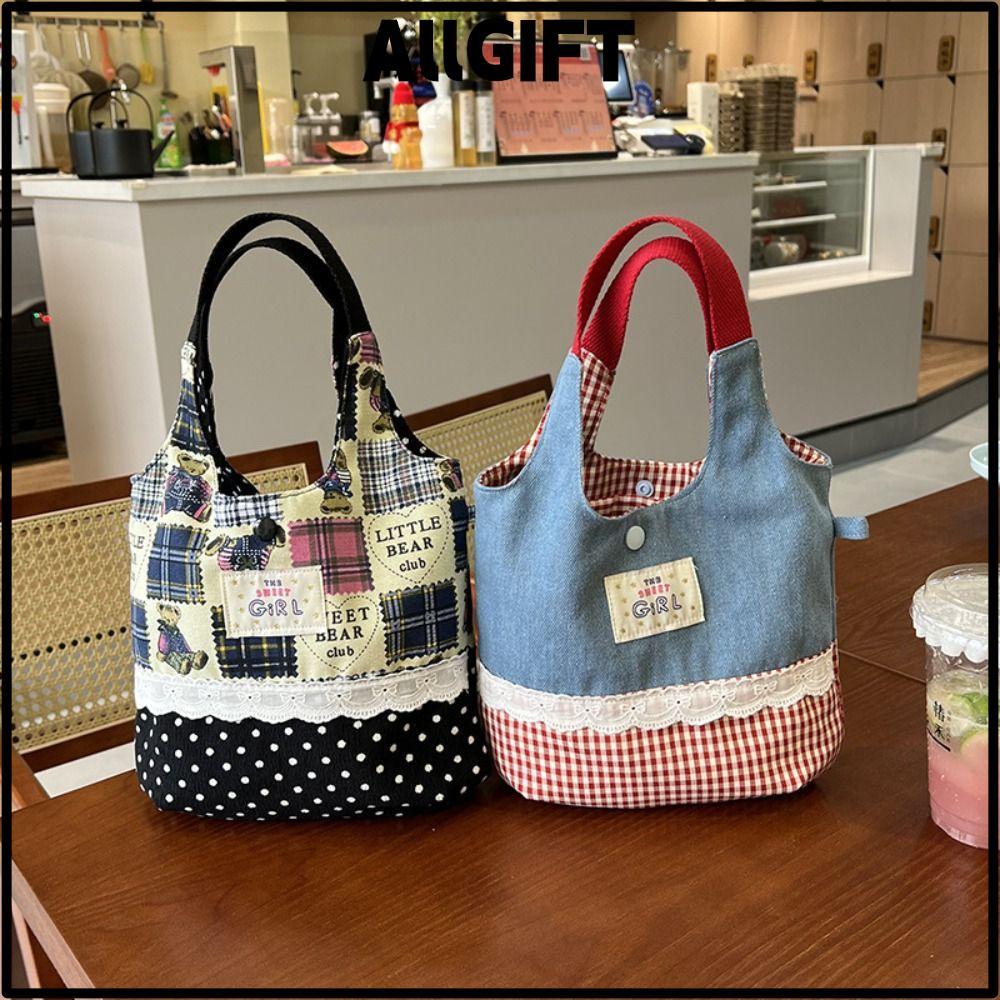 ALLGIFT กระเป๋าถือ ผ้าแคนวาส INS Sweet Lace Tote Bags, Korean Denim Plaid Commuting Bags