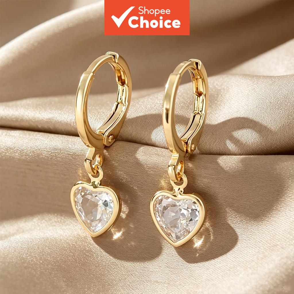 Gold Heart Zircon Huggie Dangle Hoop ต่างหูสําหรับผู้หญิงทุกวันจัดเลี้ยง Drop
