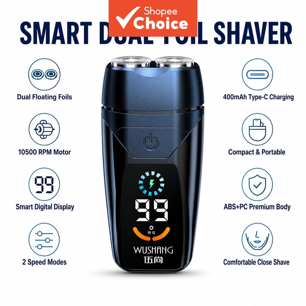 เครื่องโกนหนวดไฟฟ้าแบบฟอยล์ลอยคู่ WUSHANG 10500 รอบต่อนาที แสดงสถานะดิจิทัลอัจฉริยะ ปรับความเร็วได้ 