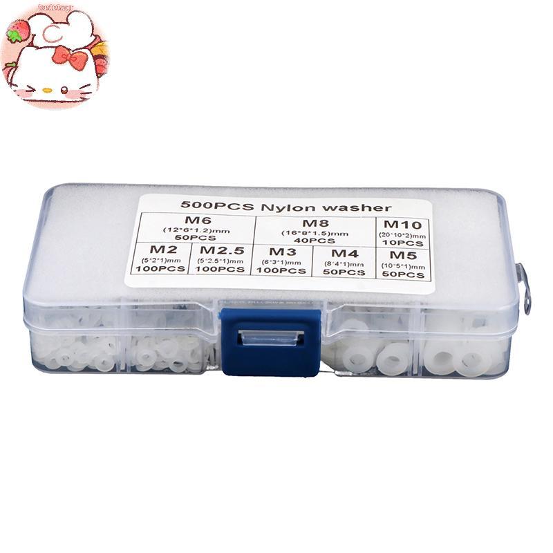 Tast 500 ชิ้น/กล่อง M2 M2.5 M3 M4 M5 M6 M8 M10 พลาสติกสีขาวเครื่องซักผ้าไนลอนแบน Spacer เครื่องซักผ้