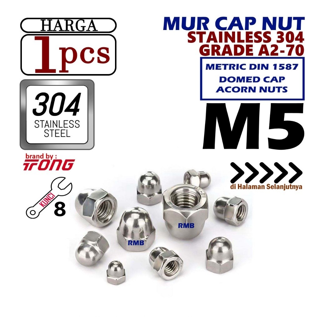 SS 304/หมวกอ่อนนุชM5x0.80 สแตนเลสเกรดA2-70สนิมทนKey 8/หกเหลี่ยมในประเทศCap Nut M5 MTSC05