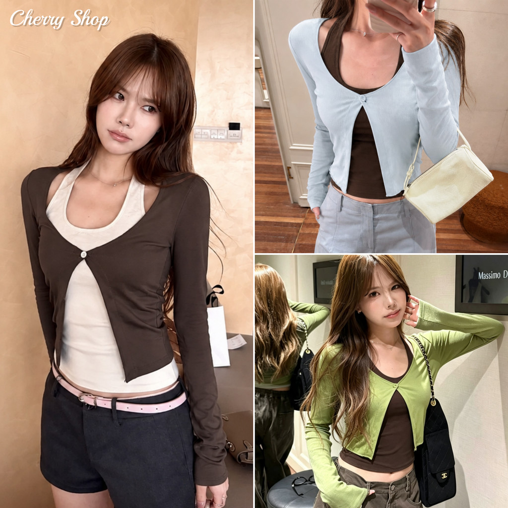 cherryshop พร้อมส่ง เสื้อยืดผู้หญิง เสื้อยืดสองชิ้นปลอม แขนยาว สไตล์สลิมสั้น สไตล์สาวฮอตเกาหลี