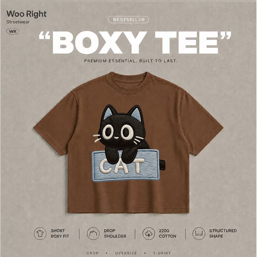 Woo Right تيشيرت Boxy واسع مطرز CAT بقطة كرتونية — أسود — صورة 4