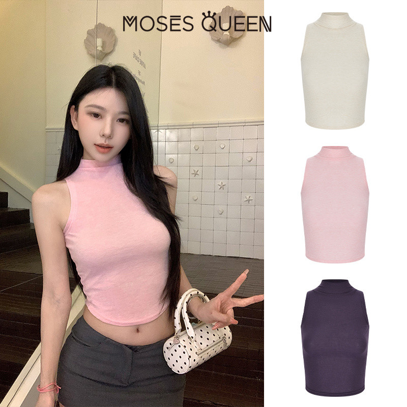 MOSESQUEEN มอสซีควีน เสื้อกล้ามแขนกุดครึ่งคอปกผู้หญิงฤดูร้อนพื้นฐานสไตล์ใหม่ติดตั้งสั้นและแน่นเสื้อยืด โดปามีน #64050