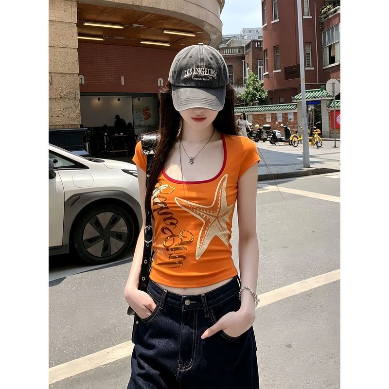 สาวร้อน U-คอสั้นเสื้อยืดผู้หญิงสไตล์ใหม่ปลาดาวตัวอักษรเพชรร้อน Chic Slim-fit Slimmer ดูด้านนอกด้านบน
