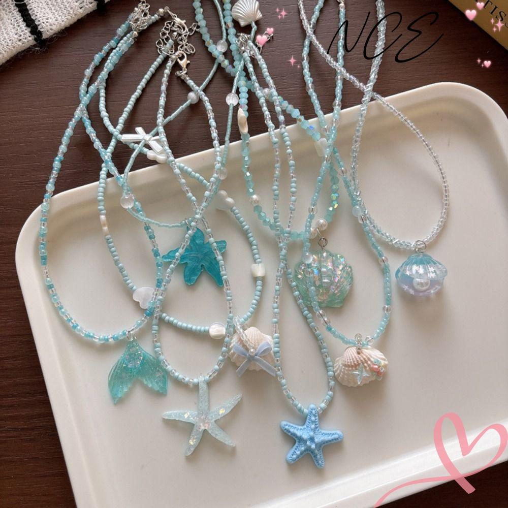 NCE สร้อยคอลูกปัด, น้ําหนักเบา Non Slip Shell สร้อยคอ,หวานปรับ Blue Beaded ปลาดาว Shell Ocean Resort