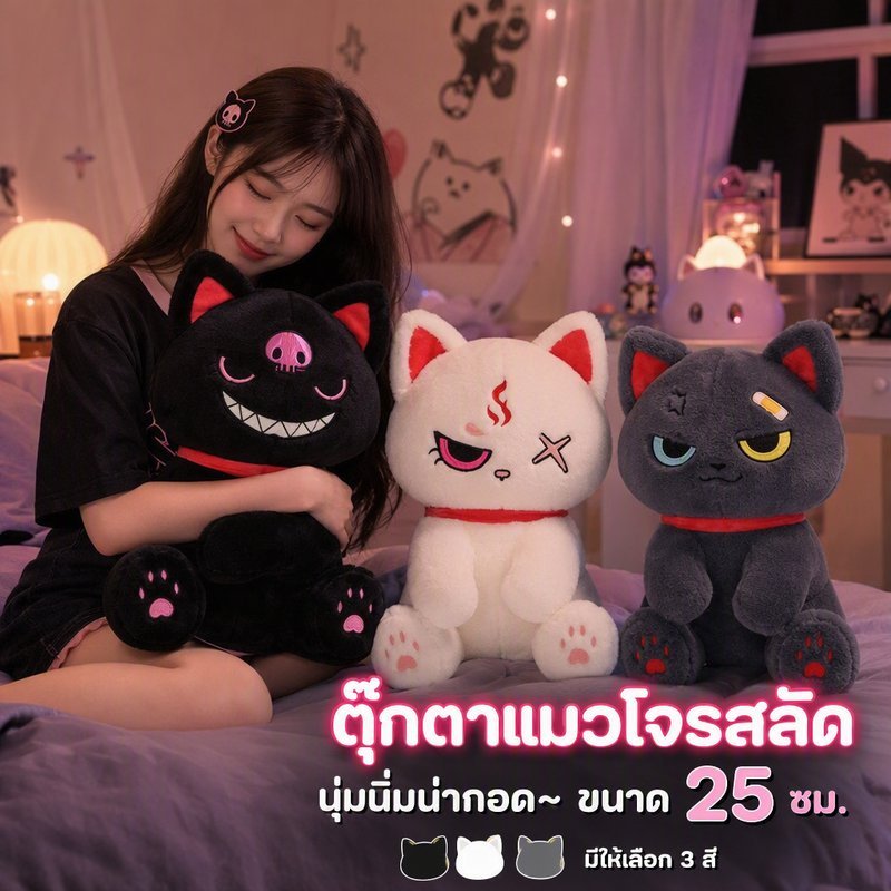 ToyLab ตุ๊กตาแมวกะลาสี แมวโจรสลัด ขนนุ่ม ไส้ผ้าฝ้าย PP สีดำขาวเทา หมอนกอด ของขวัญวันเกิด