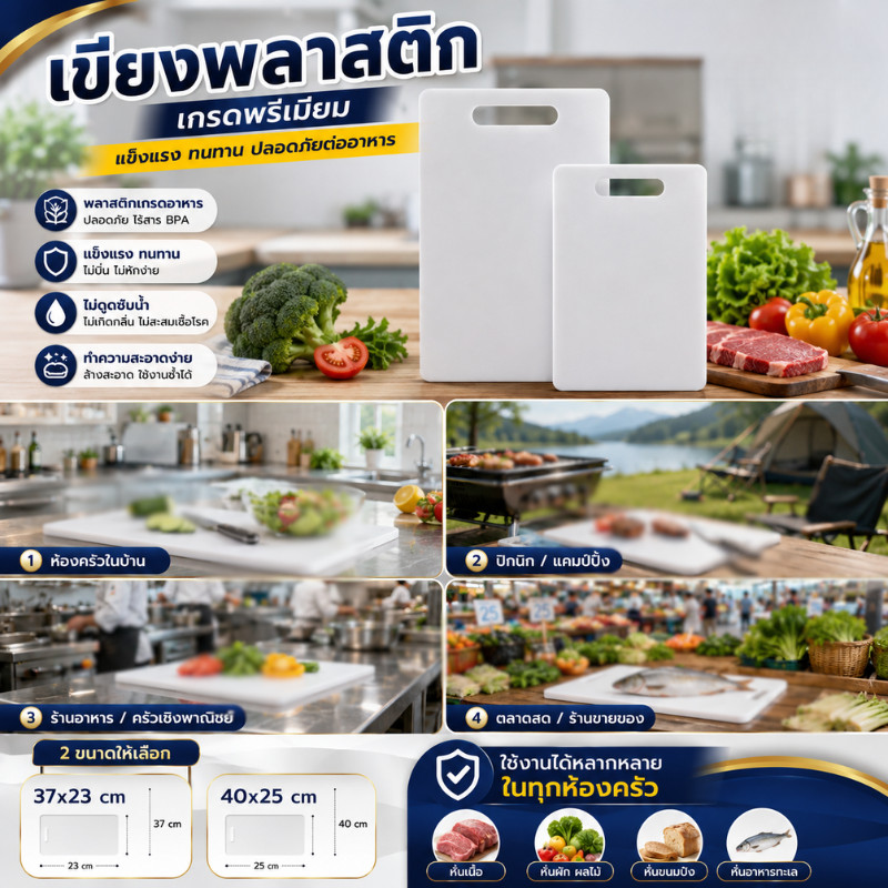 ZJ HOME เขียงพลาสติก PEเขียงแอนตี้แบคทีเรีย เขียงทรงสีเหลี่ยม มีที่แขวน มี 2 ขนาด หั่นผักผลไม้