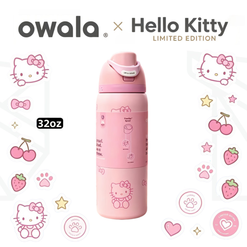Limited Owala FreeSip x Hello Kitty 24/32oz Insulated Tumbler สแตนเลส Leak-Proof ขวดน้ํานํากลับมาใช้ใหม่สําหรับยิมกลางแจ้งทุกวันใช้