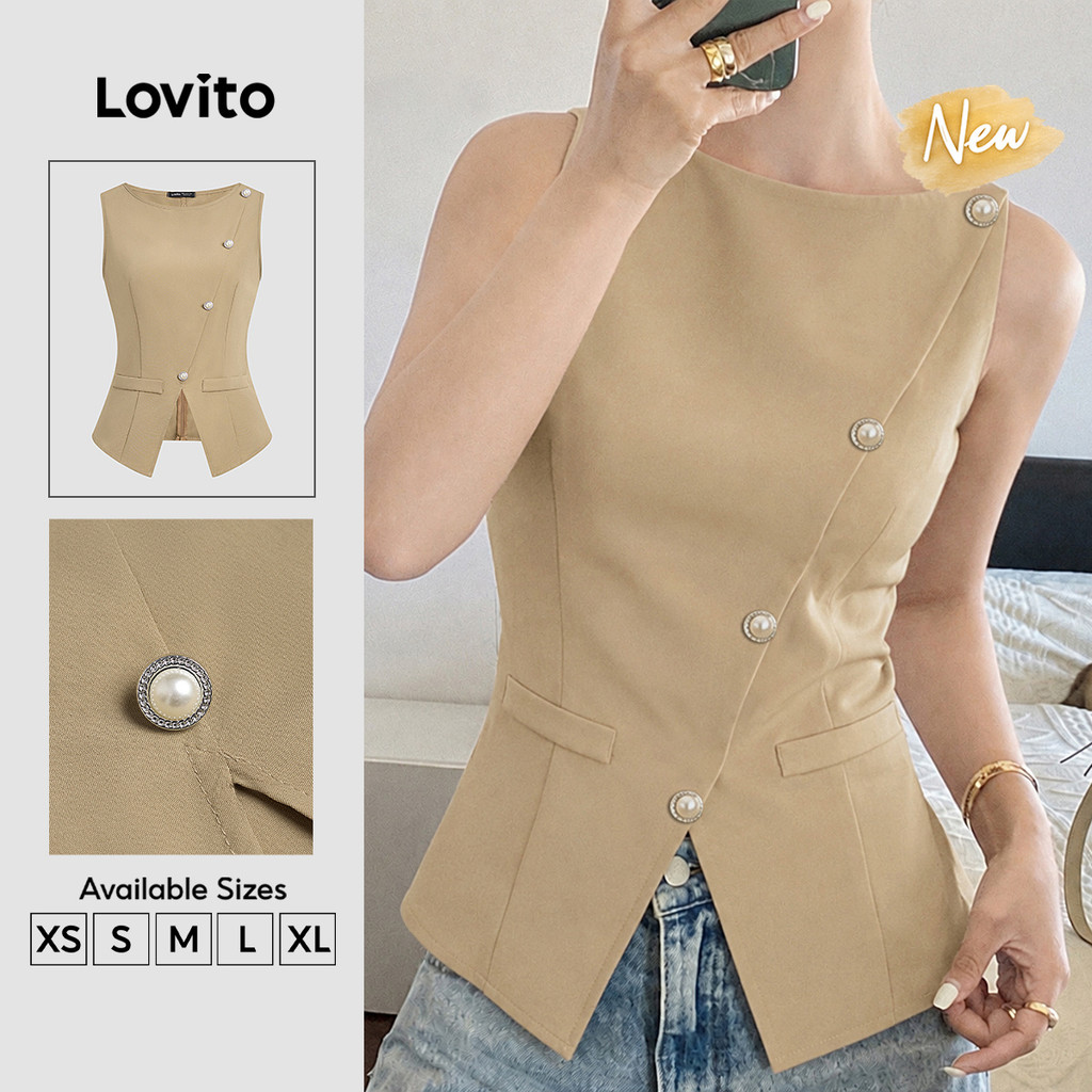(New Arrival) Lovito เสื้อสตรีสีกากีฤดูใบไม้ผลิ/ฤดูร้อนแบบกระดุมผ่าหน้าหรูหรา TKB203TD016