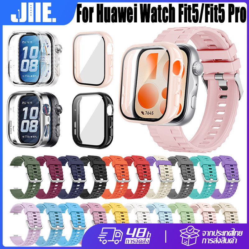 【สาย+เคส】PC กรณีแข็ง + สายรัดนาฬิกาแบบยางกีฬาสำหรับ for Huawei Watch Fit5 / Fit5 Pro สายซิลิโคน+กระจกนิรภัยเคส