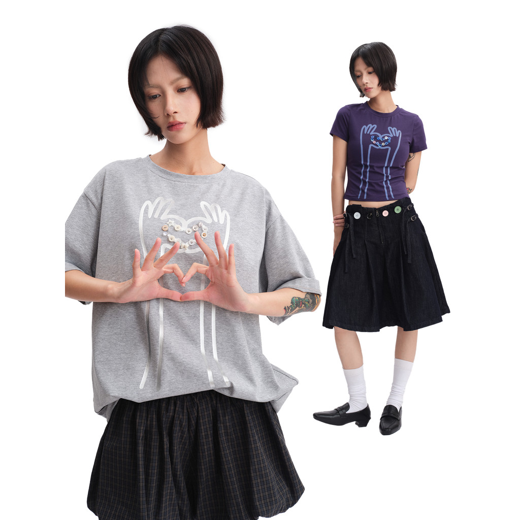 Oink oink Oink Heart พิมพ์ Handmade ปุ่มแขนสั้นคู่ Cool เสื้อยืดด้านหน้าไหล่รอบคอสั้น @-