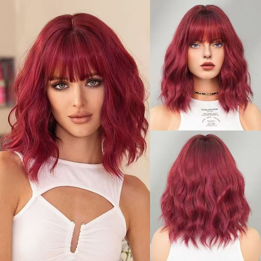 New Product#Fashion wig, burgundy bob, bangs, short curly hair wig12Y
