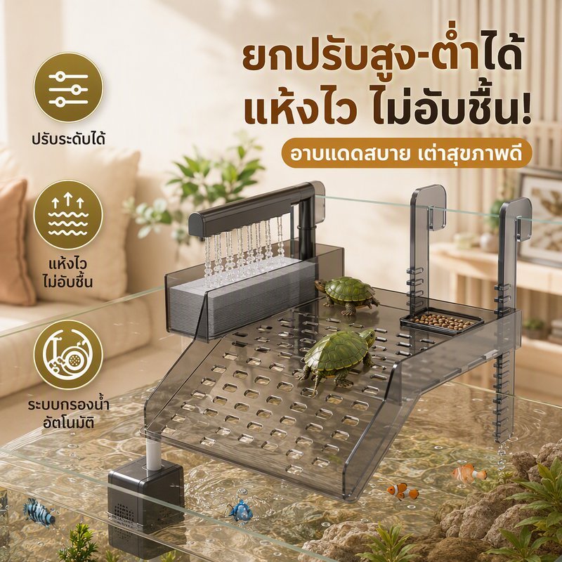 แท่นอาบแดดเต่า ปรับระดับได้ พร้อมระบบกรองน้ำ ถาดอาหาร เหมาะสำหรับตู้เต่า ตู้ปลา ตู้สัตว์น้ำขนาดเล็ก