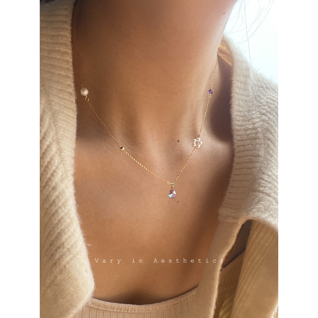 VIA ไข่มุกน้ําจืดธรรมชาติ Amethyst ลูกปัดเหล็ก Non-Fading Non-Allergic Fairy ลอย Clavicle สร้อยคอผู้